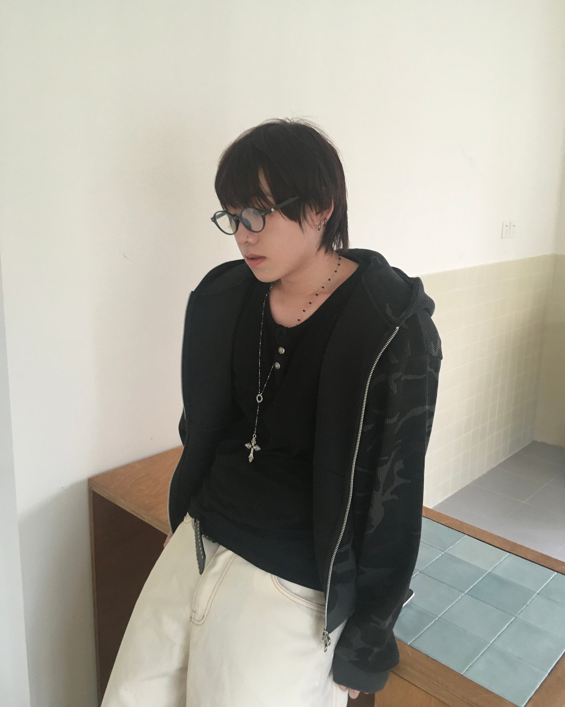 camo waffle zip-up hoodie (charcoal)