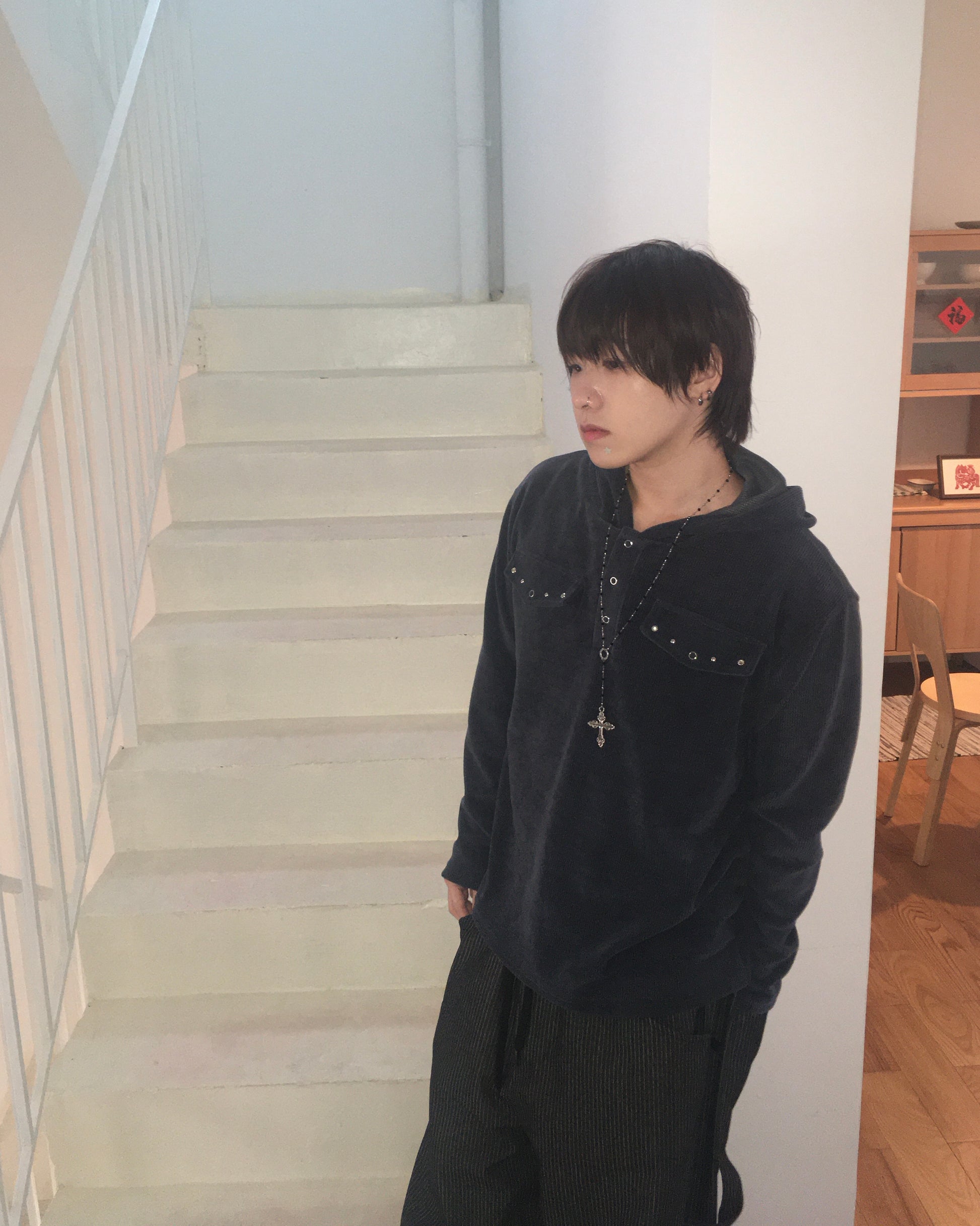 rivet collar hooded shirt (navy)