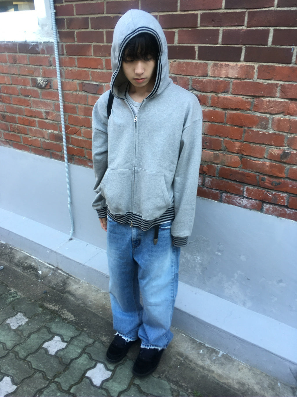 stripe trim hoodie zip up (grey)