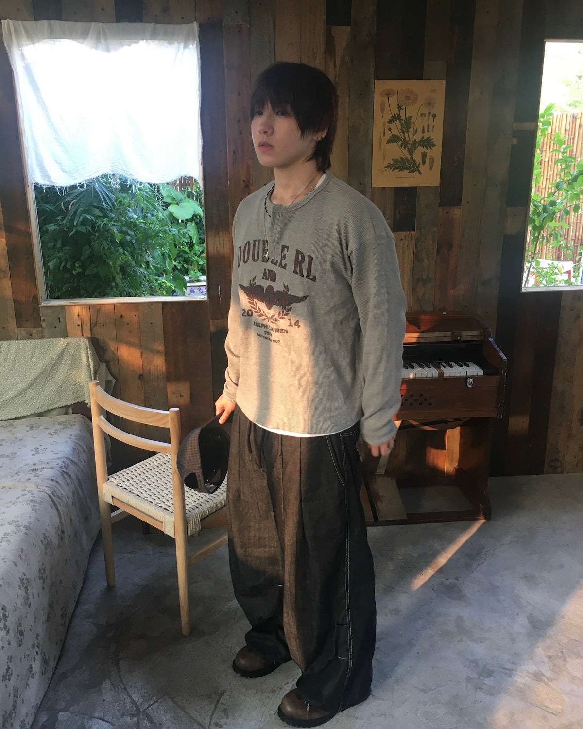 checked cinch back pants (black)