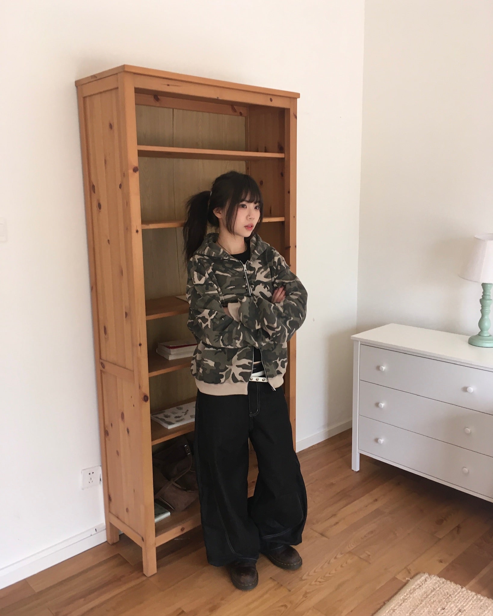 camo waffle zip-up hoodie (beige)