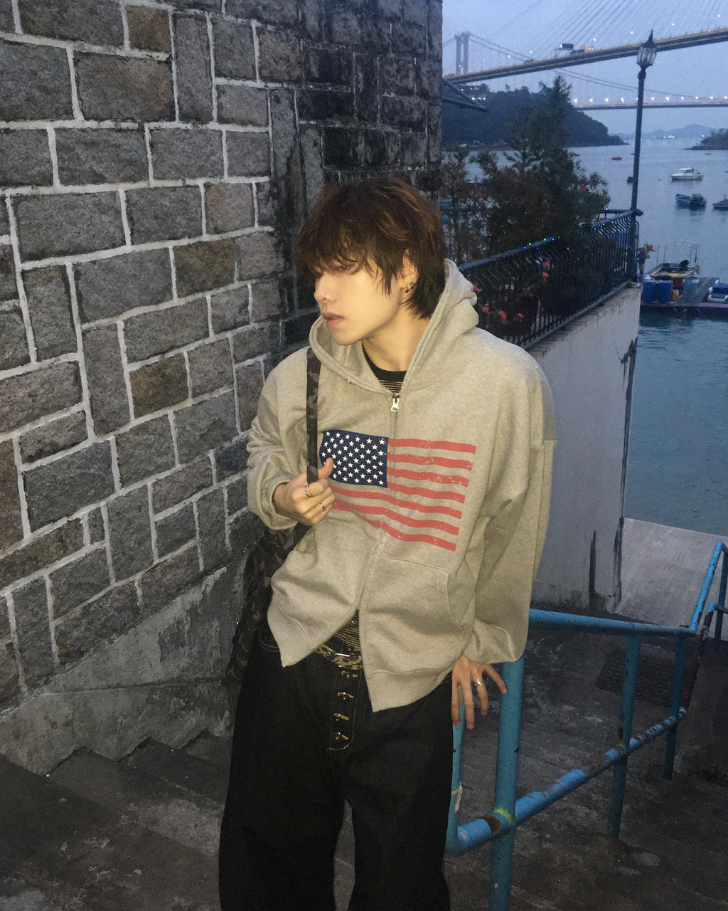 USA crop zip-up hoodie (grey)