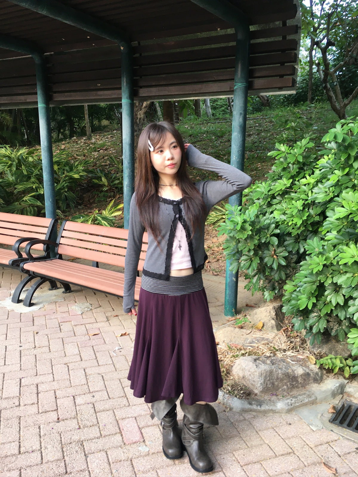 lace trim button cardigan (charcoal)