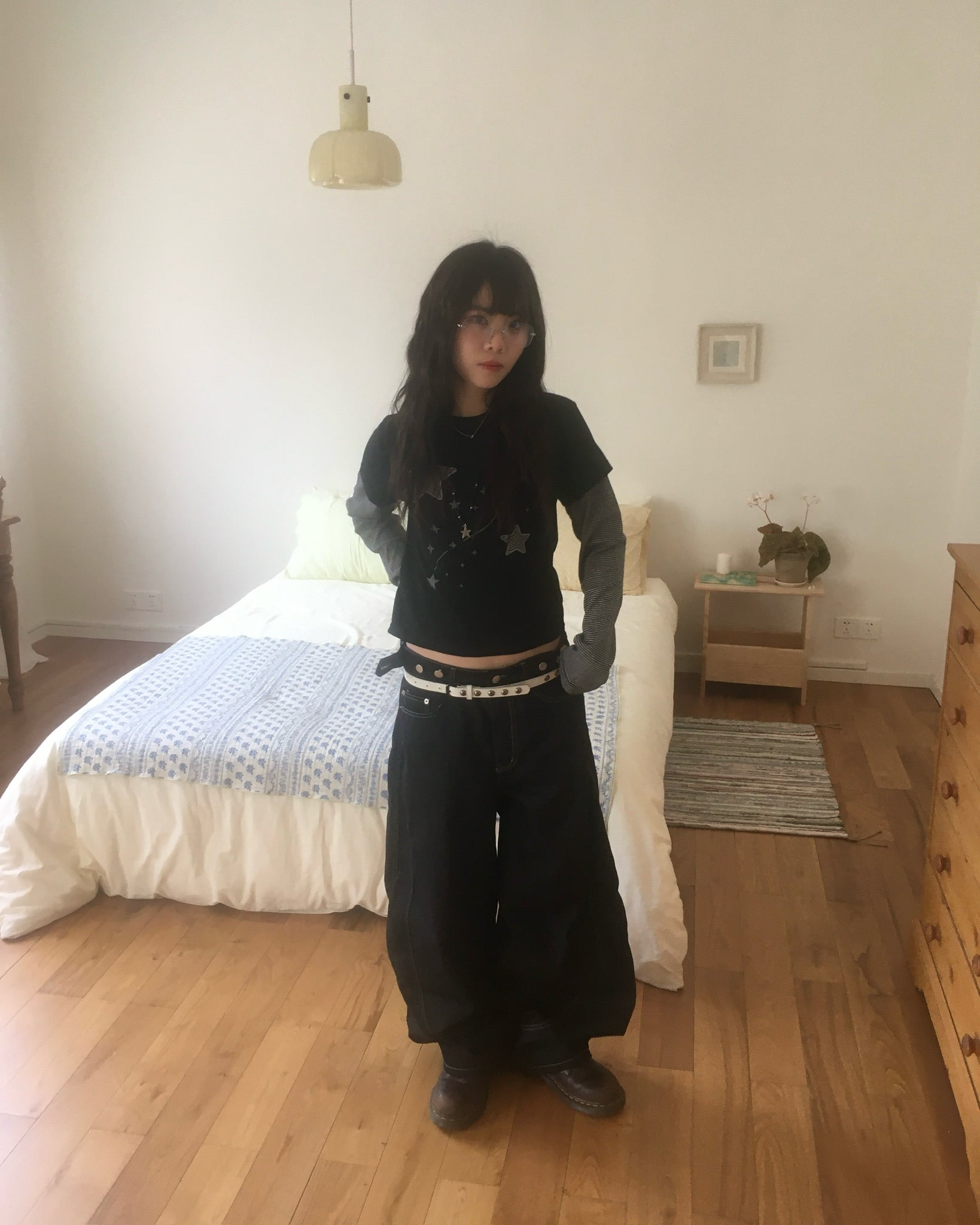 (★BEST) star stripe layered tee (black)