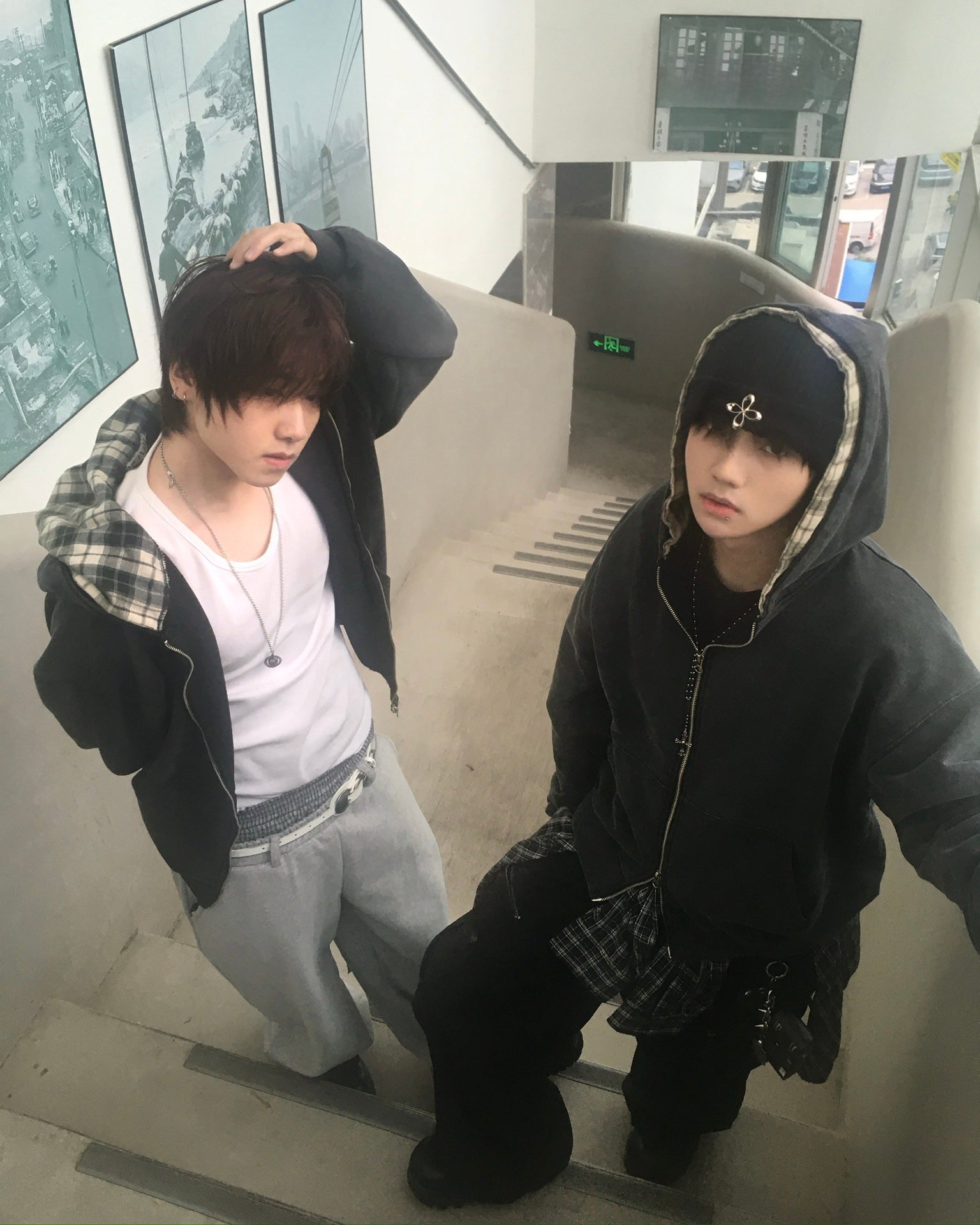 layered check zip-up hoodie