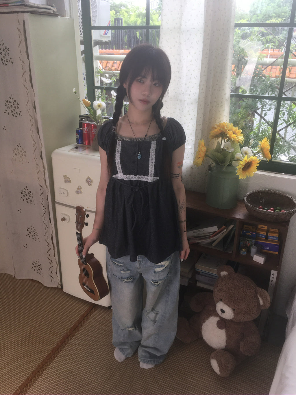 (★BEST) lace trim babydoll top (charcoal)