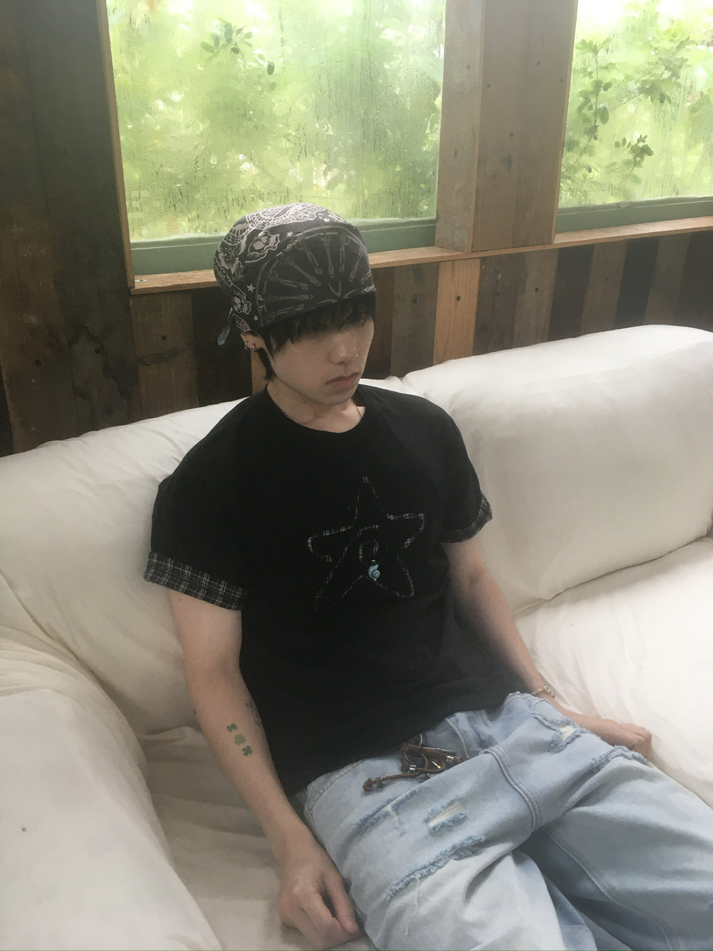 (★BEST) check star roll-up tee (black)