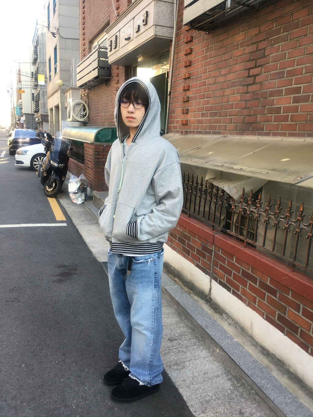 stripe trim hoodie zip up (grey)