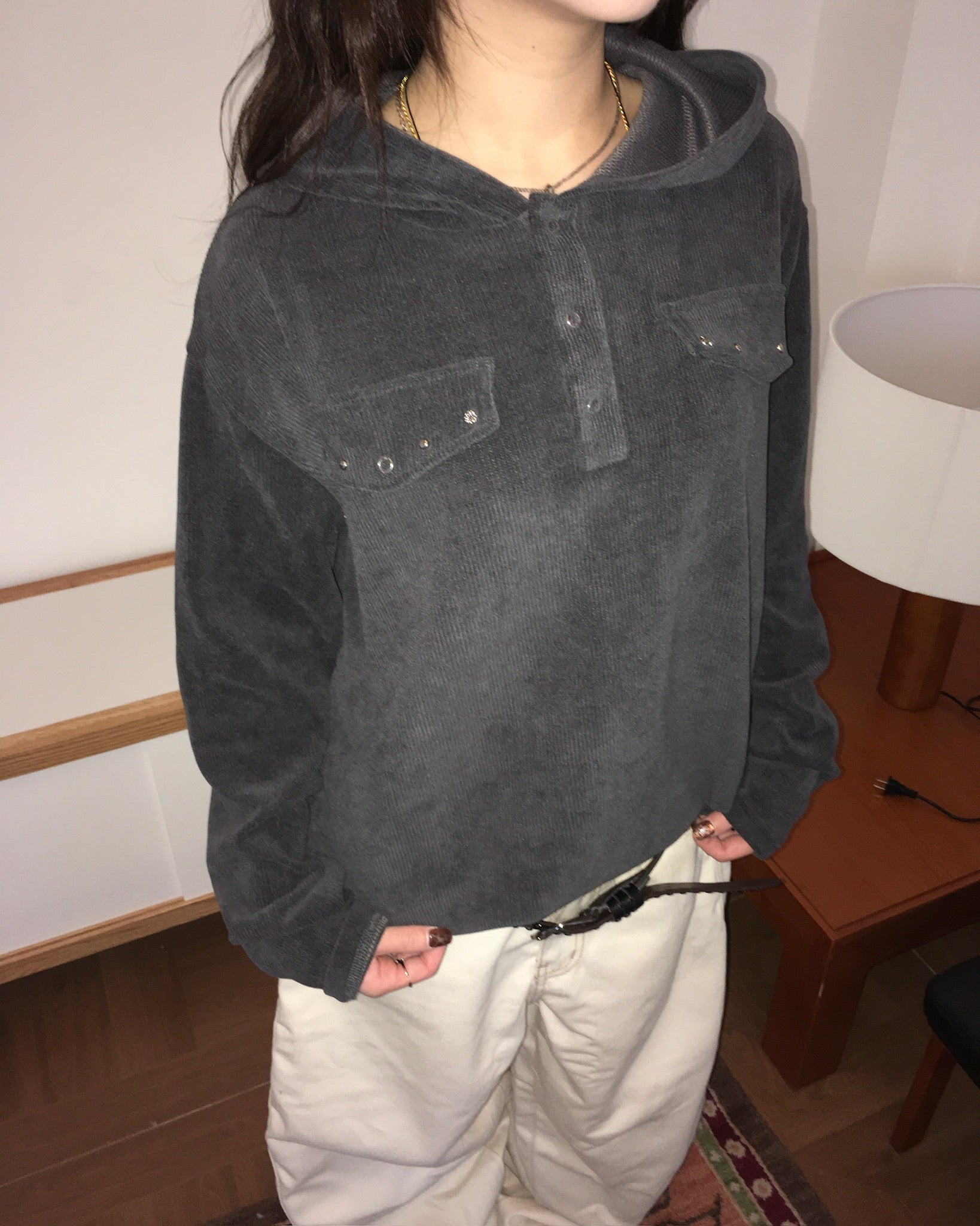 rivet collar hooded shirt (charcoal)