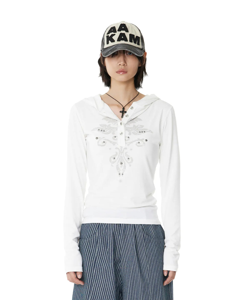 (in stock) Aakam Studded Leaf Hooded Long Sleeve (White)