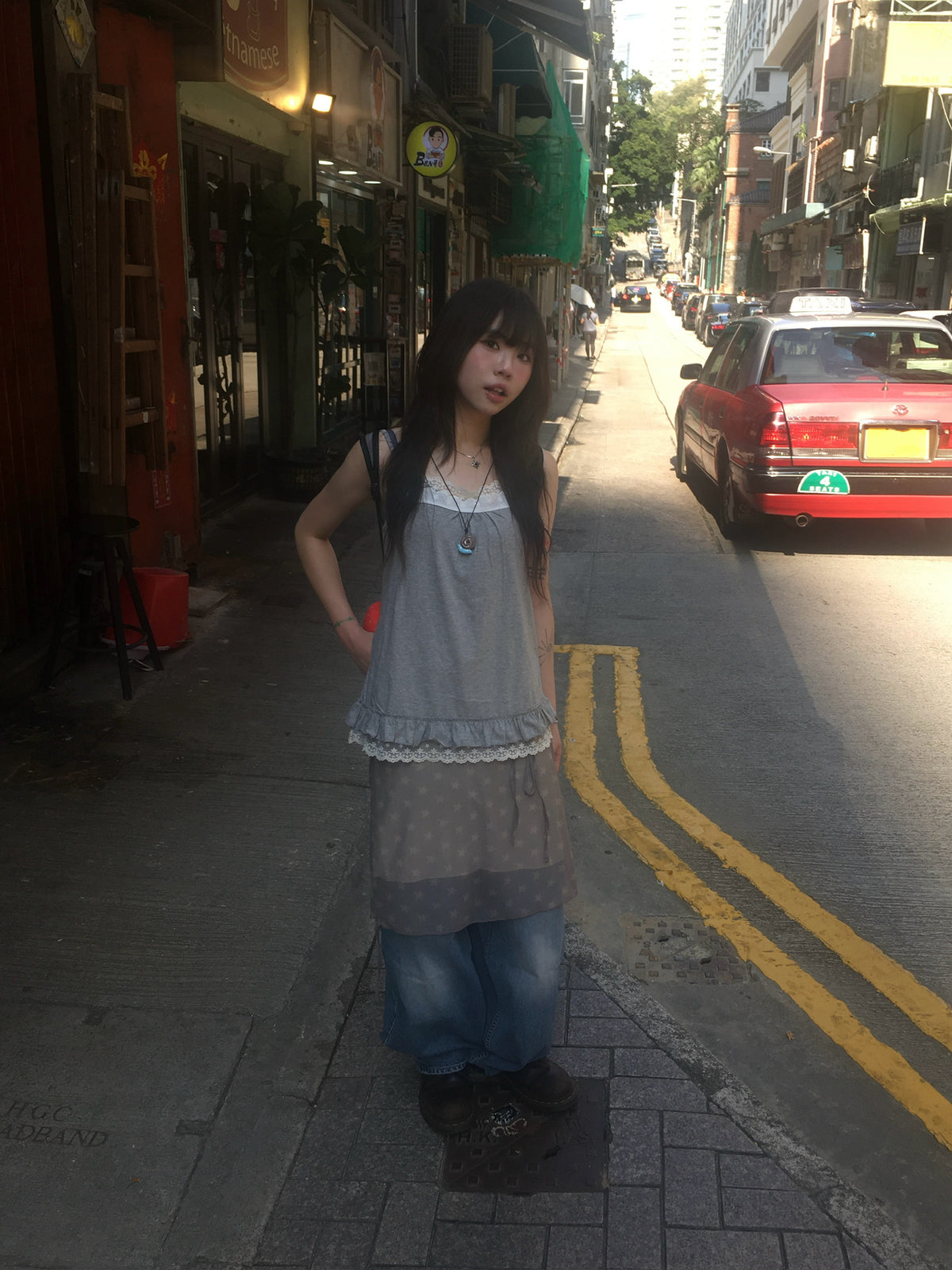 lace trim layer ruffle top (grey)