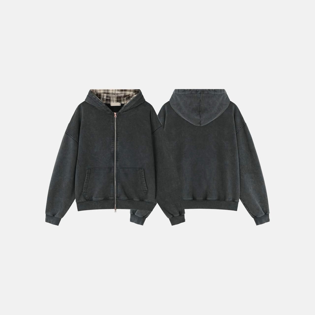 layered check zip-up hoodie