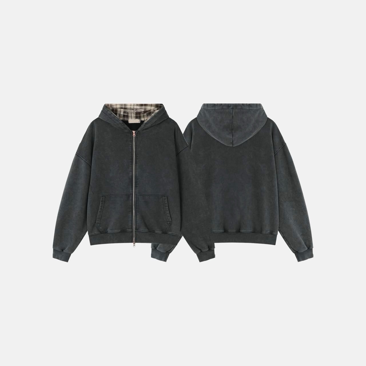 layered check zip-up hoodie