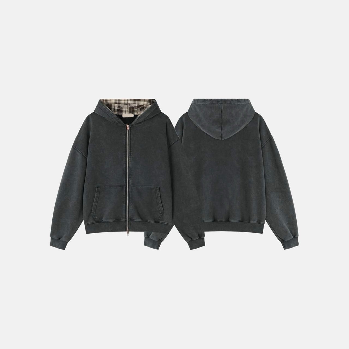 layered check zip-up hoodie