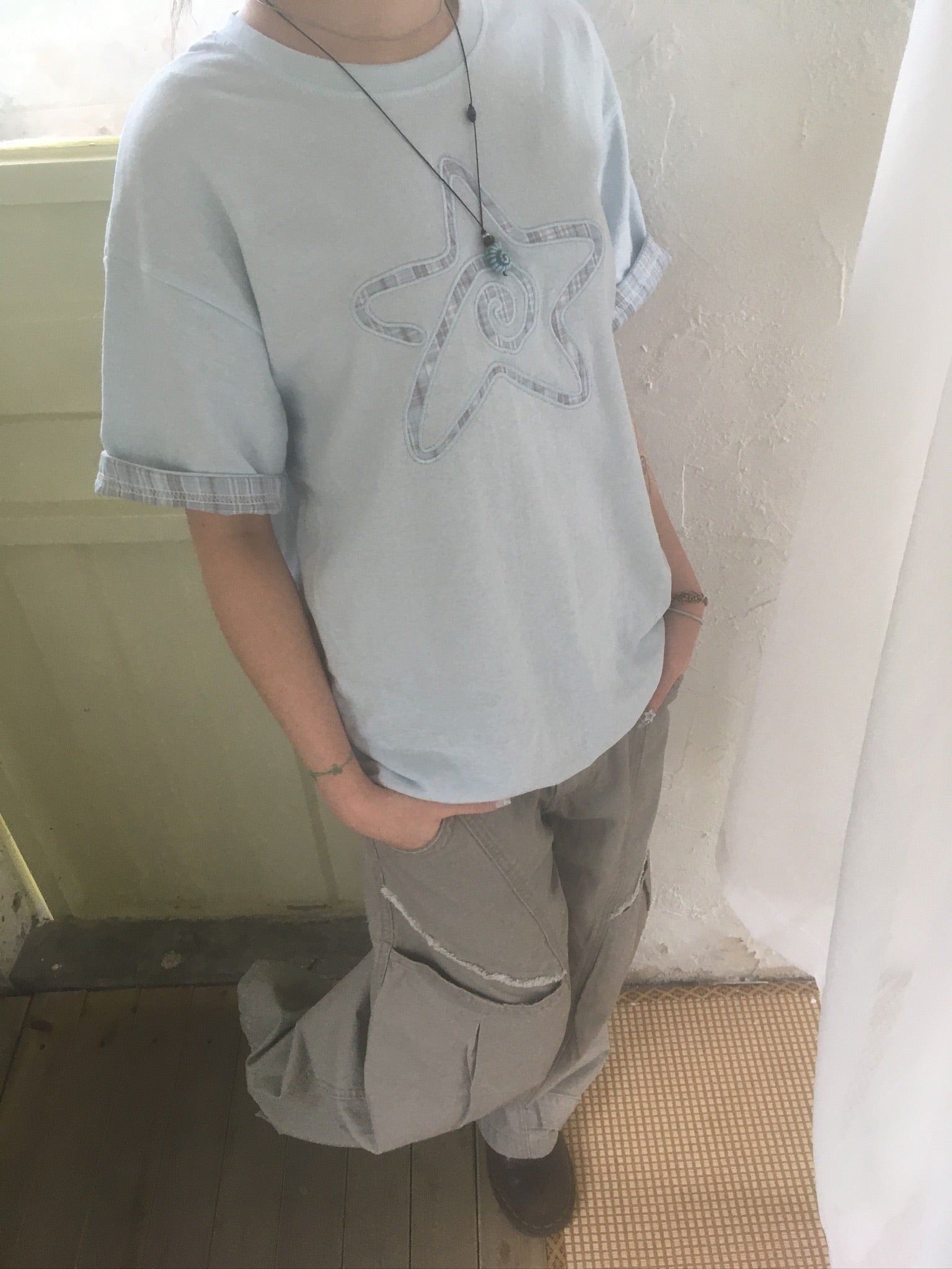(★BEST) check star roll-up tee (sky blue)