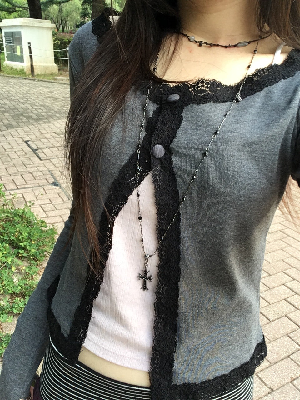 lace trim button cardigan (charcoal)