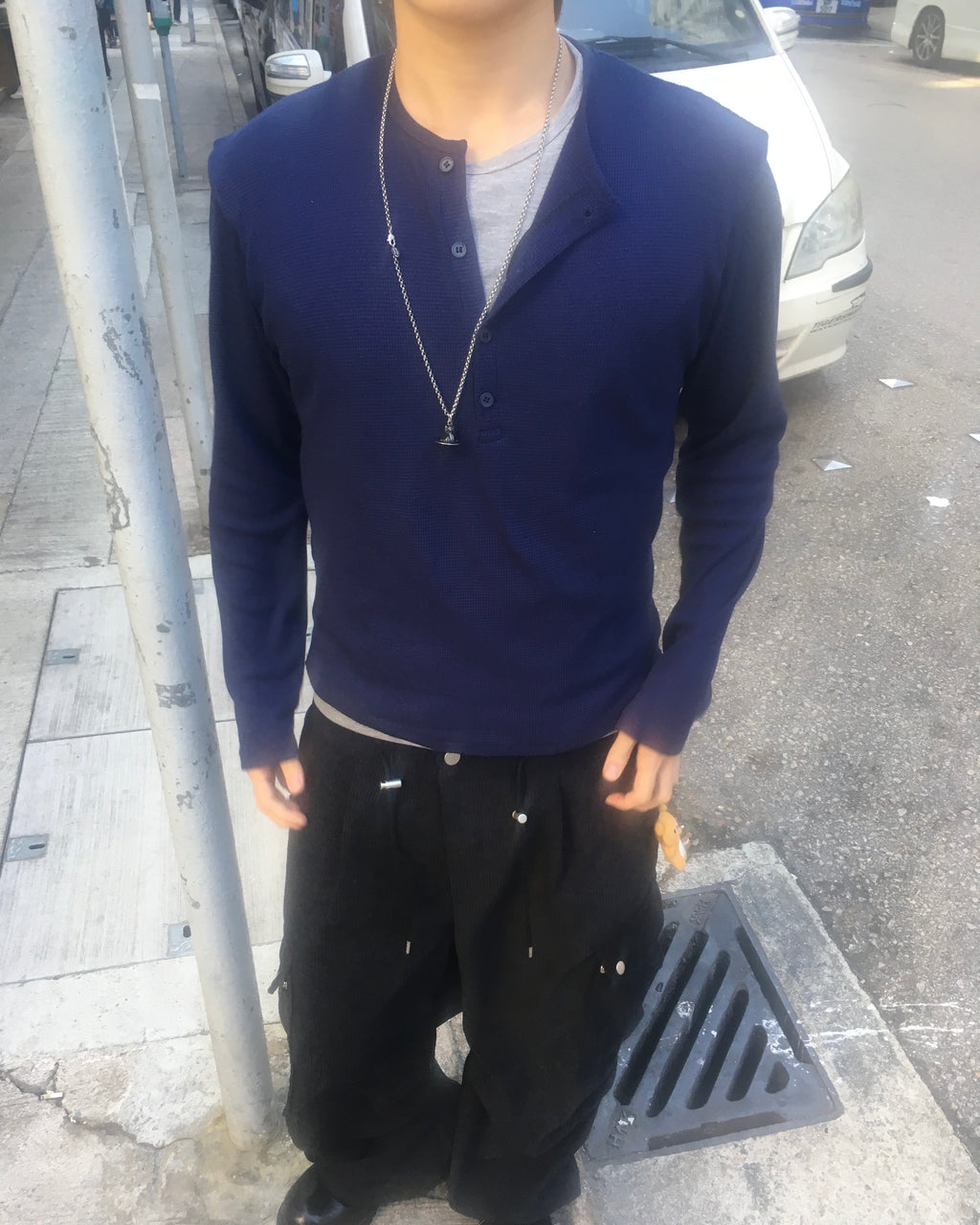 waffle henly neck shirt (navy)