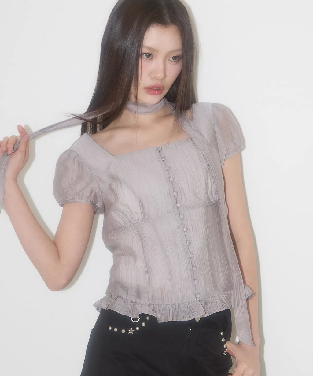 【𝘱𝘳𝘦-𝘰𝘳𝘥𝘦𝘳】ILLIGO Ribbon Tie Square Neck Blouse (GREY)