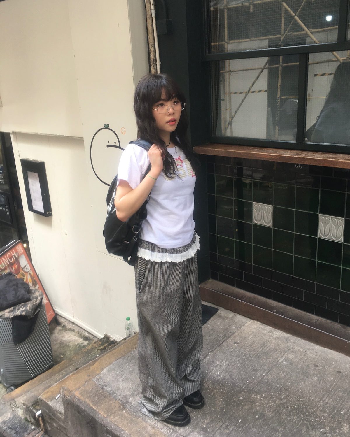 lace checked belt pants (black)