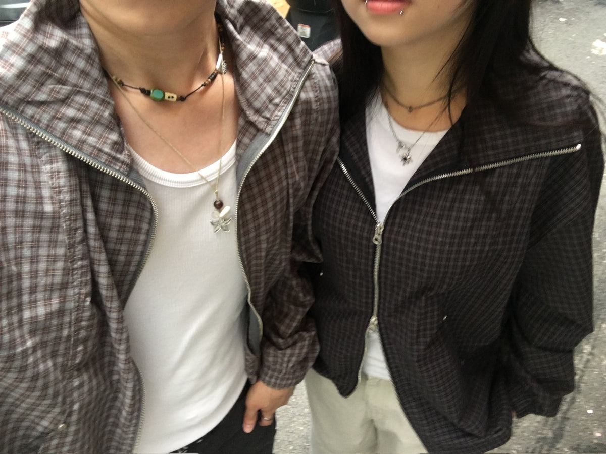 checked zipper jacket (black/navy)