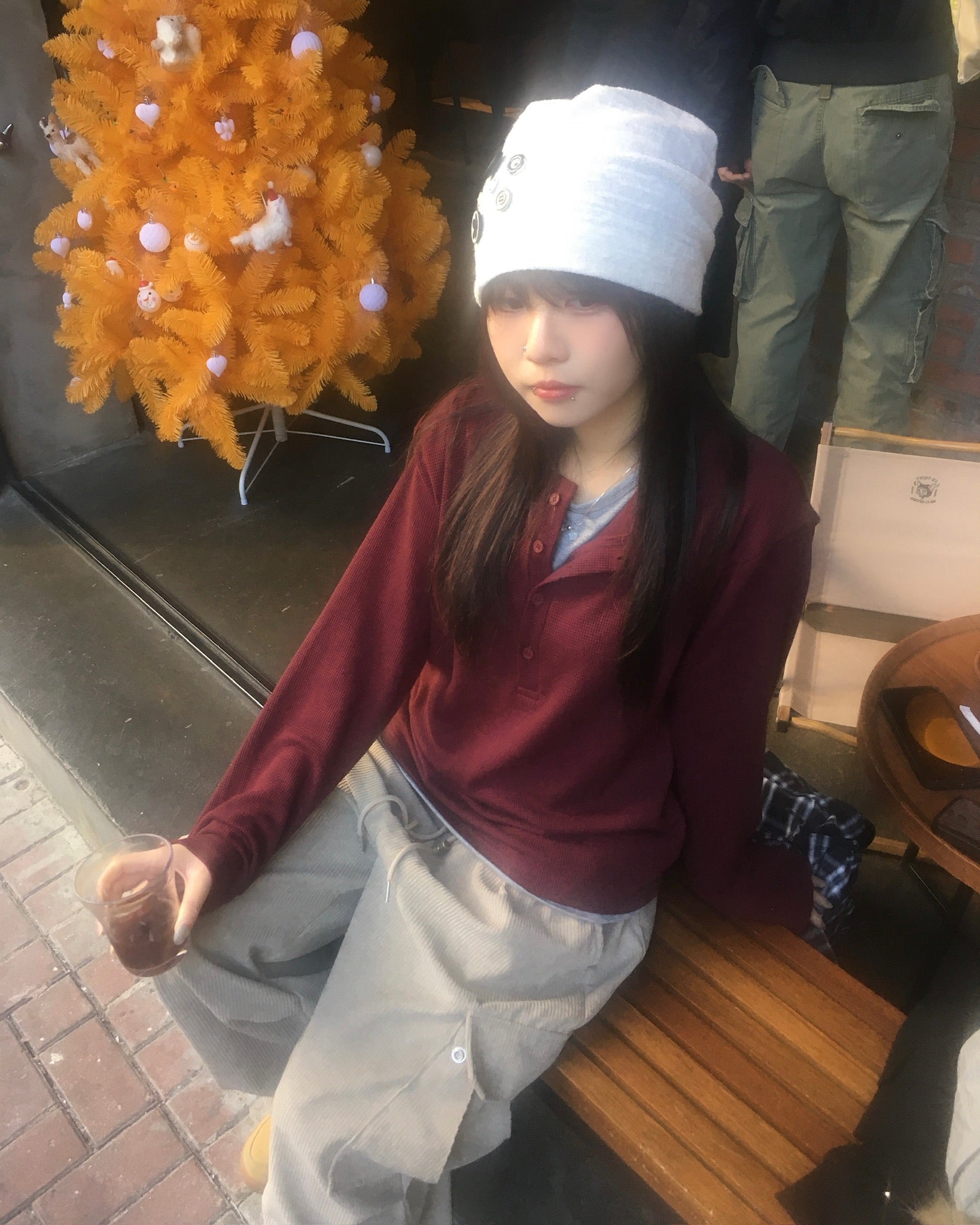 waffle henly neck shirt (wine)