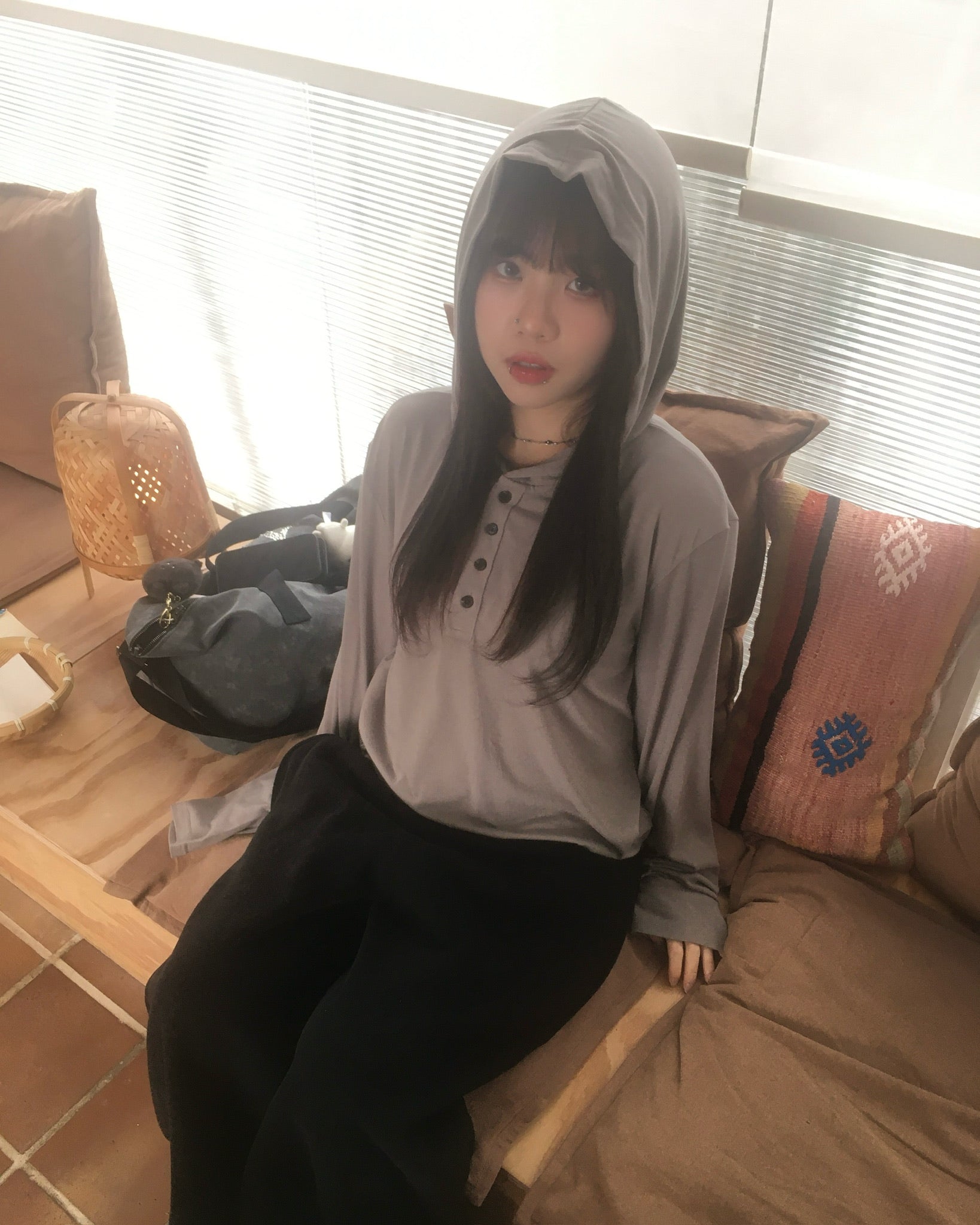 henley neck hooded shirt (ash brown)