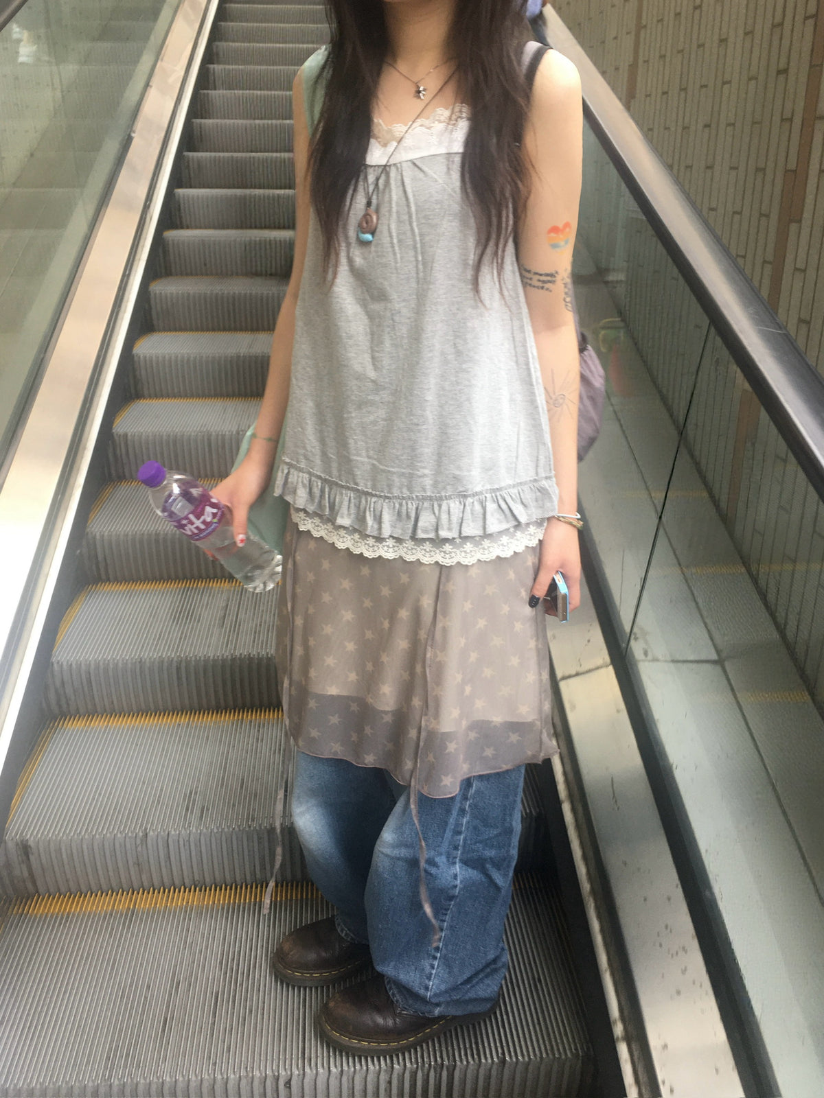 lace trim layer ruffle top (grey)