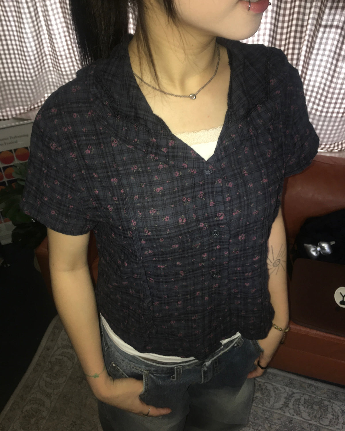 floral checked hood shirt (navy)