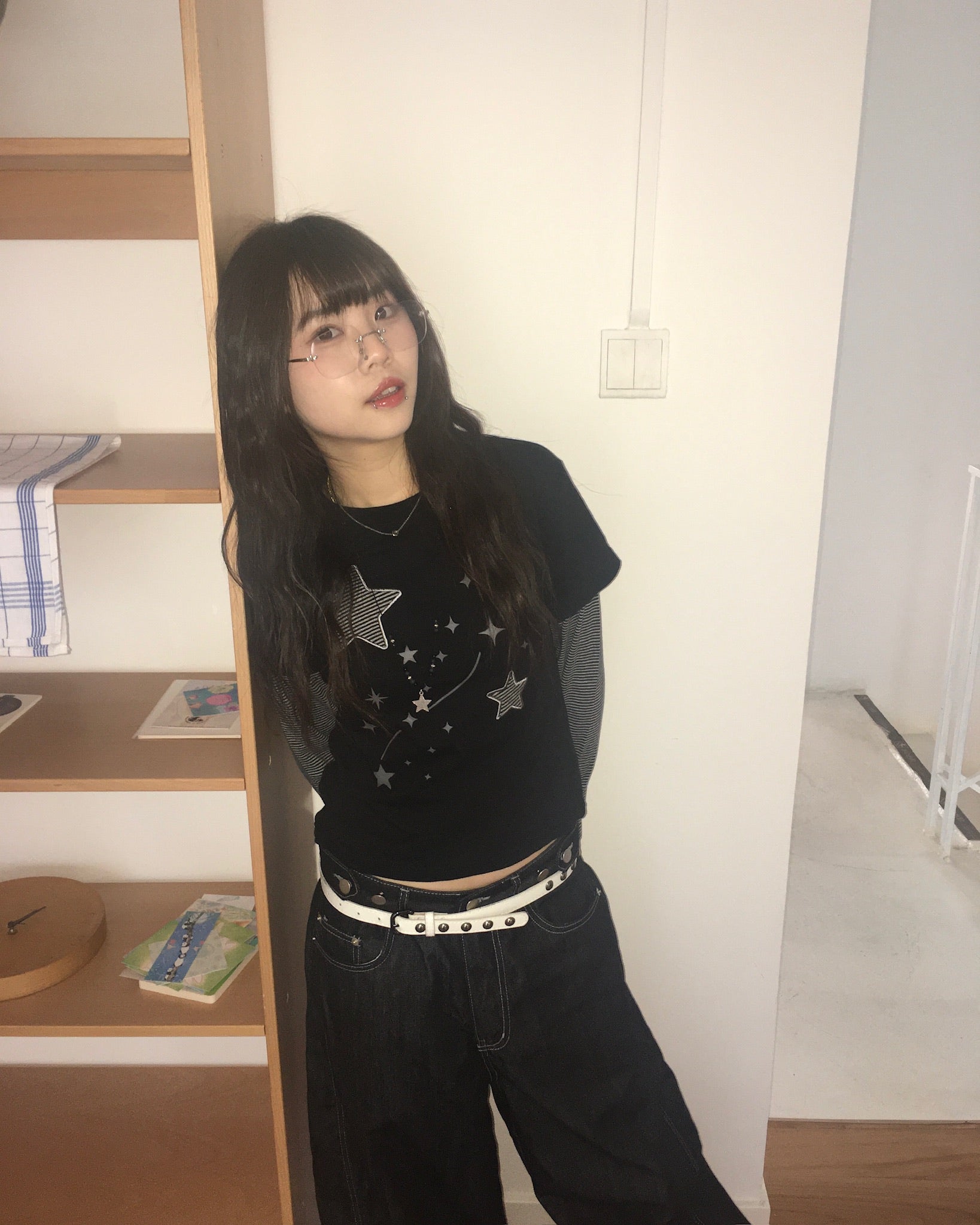 (★BEST) star stripe layered tee (black)