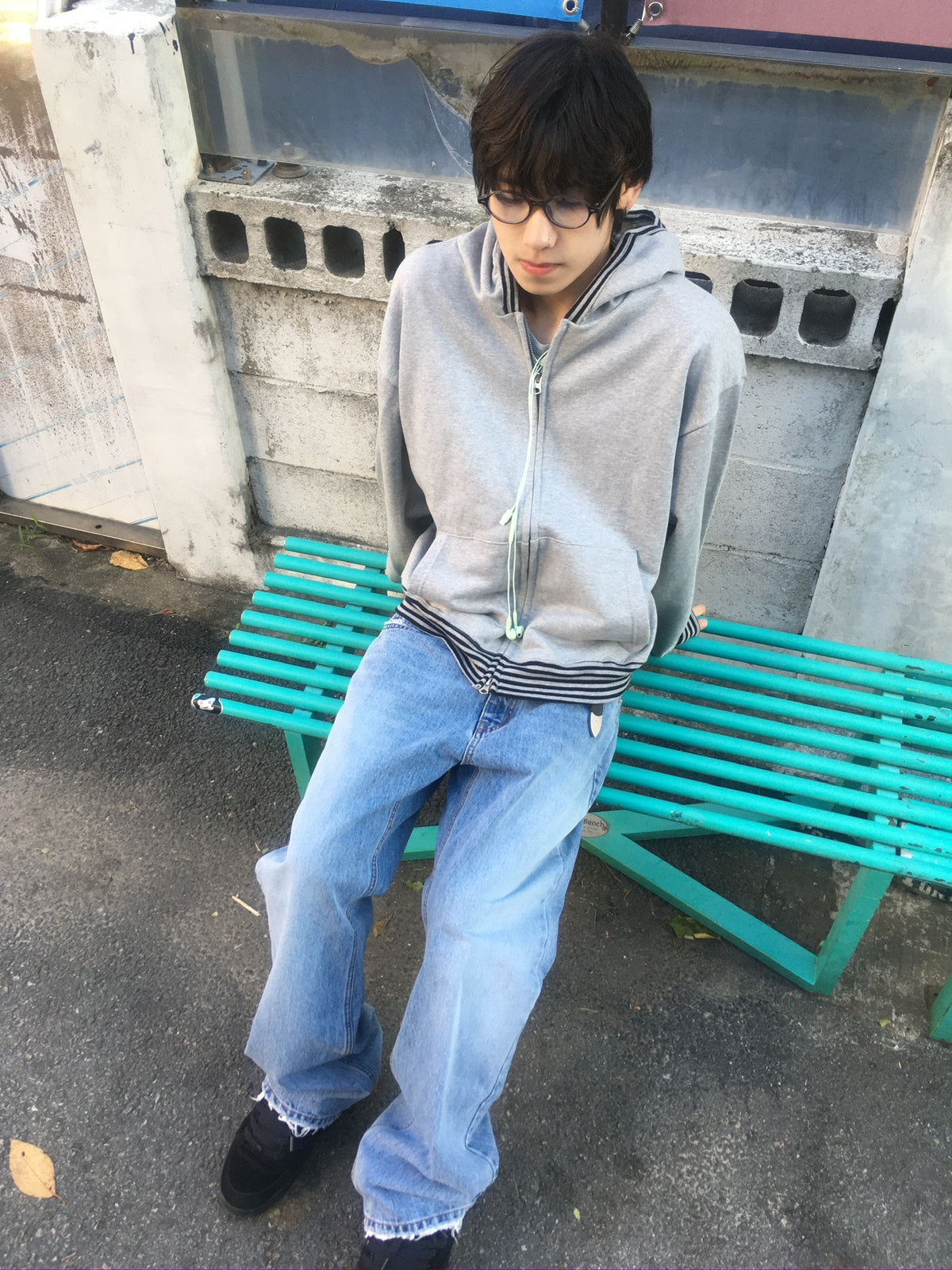 stripe trim hoodie zip up (grey)
