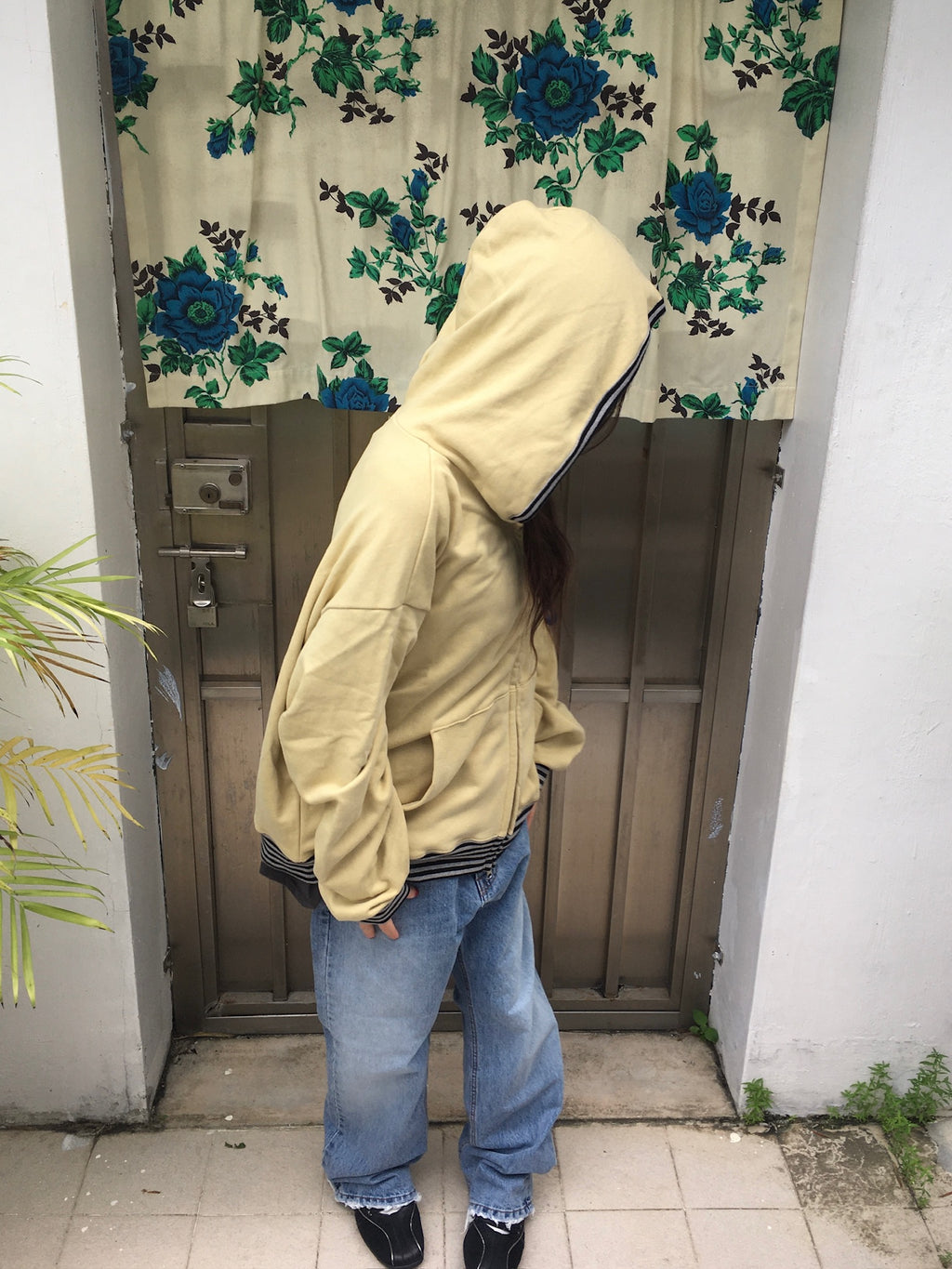 stripe trim hoodie zip up (yellow)