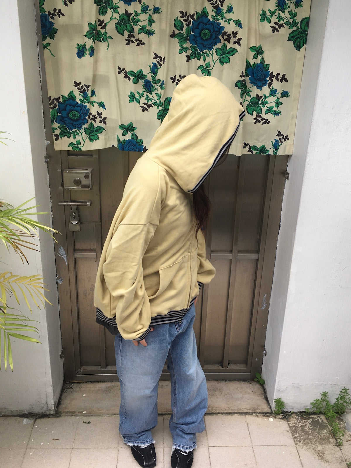 stripe trim hoodie zip up (yellow)