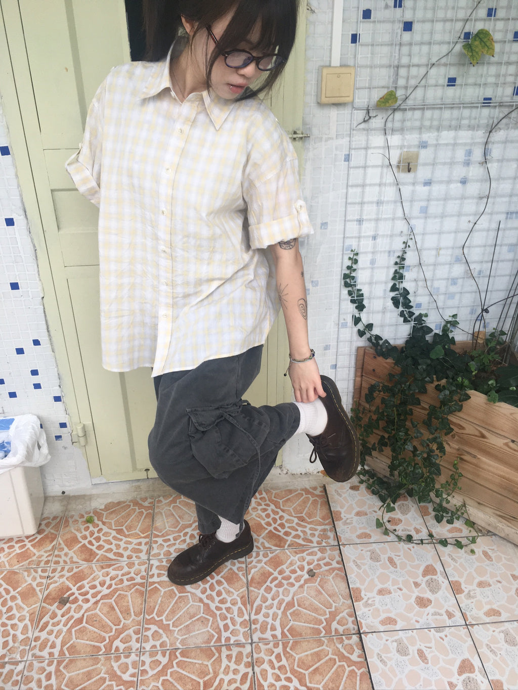 check linen shirt (yellow)