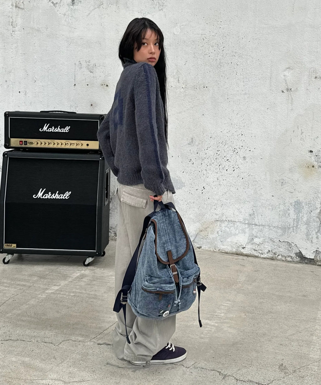 AEAE OUT POCKET DENIM BACKPACK (MID BLUE)
