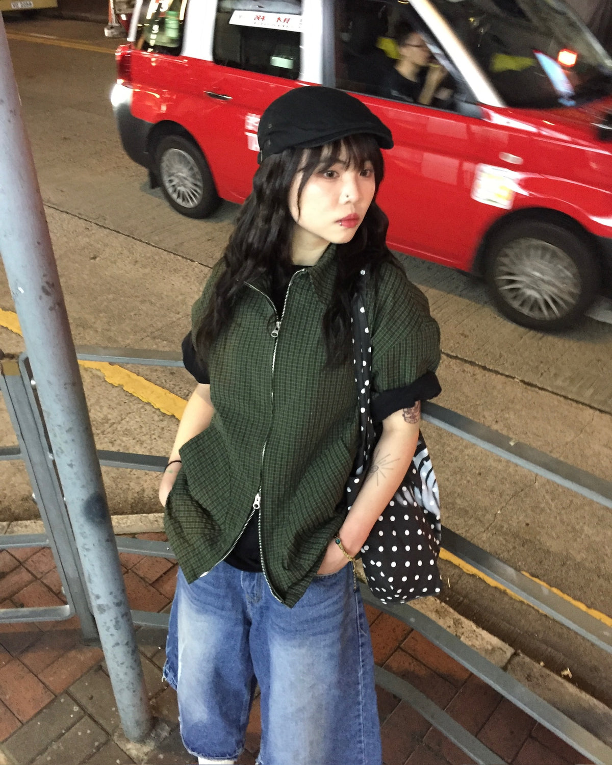 checked shortcut zip-up shirt (khaki)