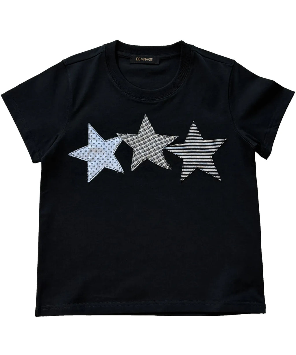 【𝘱𝘳𝘦-𝘰𝘳𝘥𝘦𝘳】DENAGE Vintage Three Star Patch Logo Crop Tee Black 0387