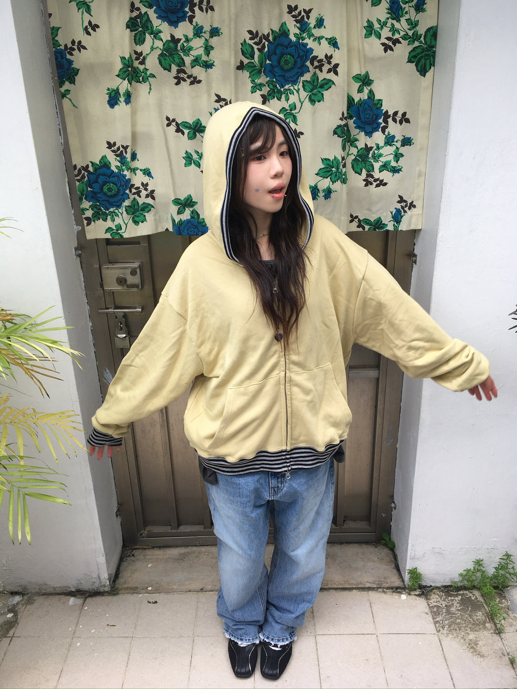 stripe trim hoodie zip up (yellow)