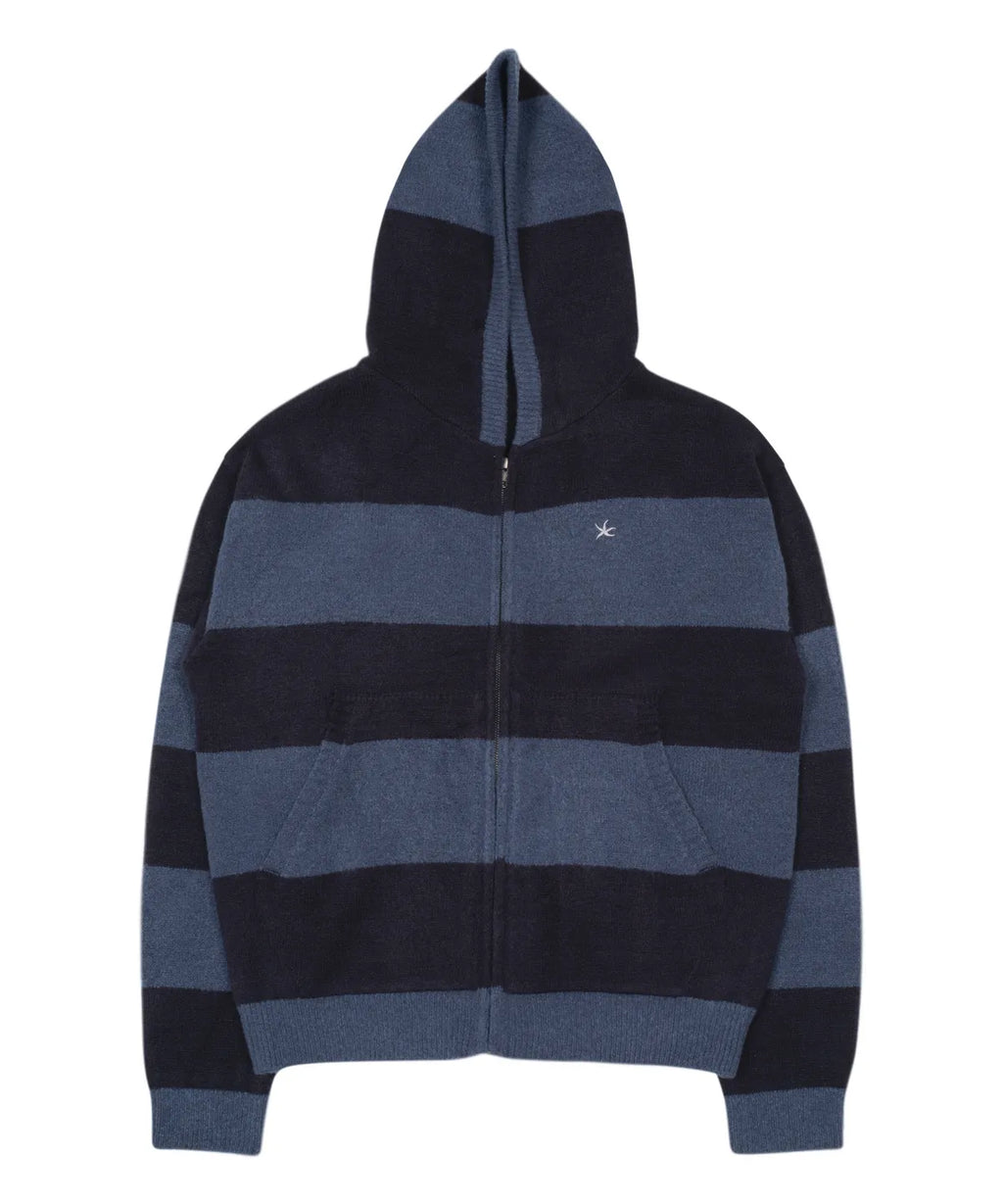 TCM stripe knit hooded zip-up (navy/black)