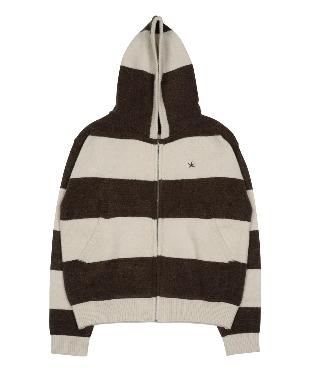 TCM stripe knit hooded zip-up (brown/ivory)