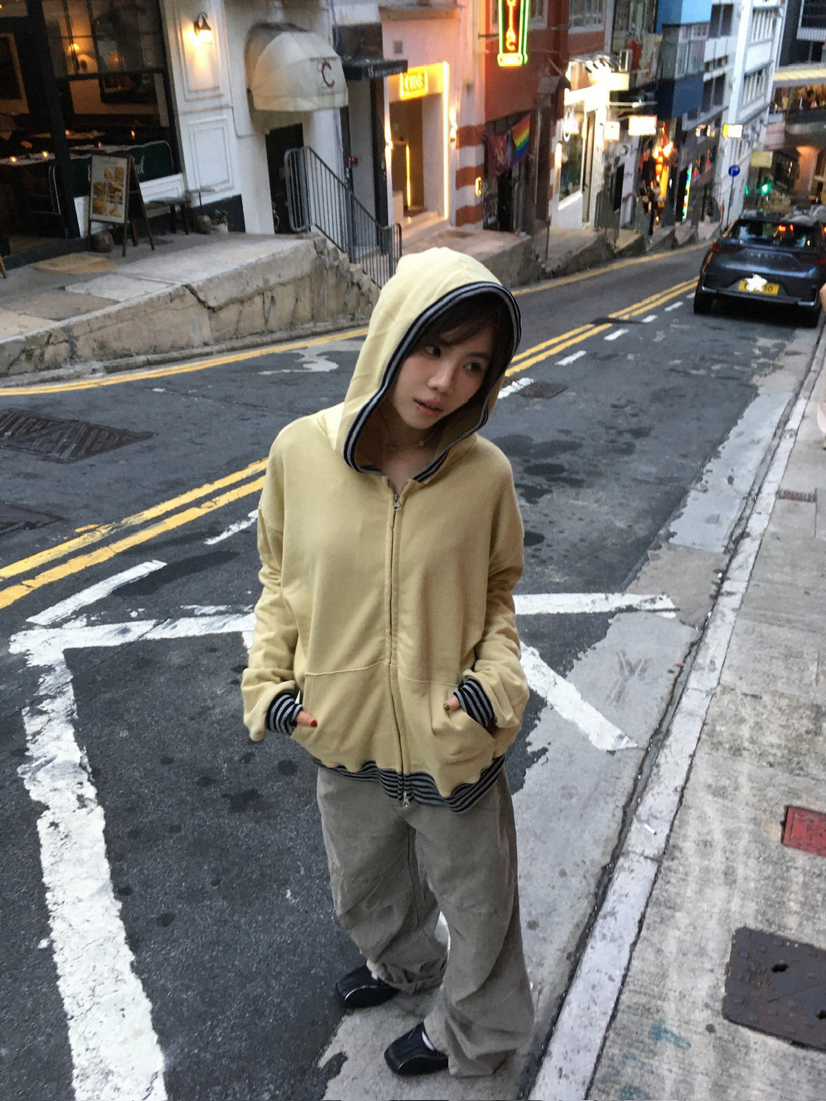 stripe trim hoodie zip up (yellow)