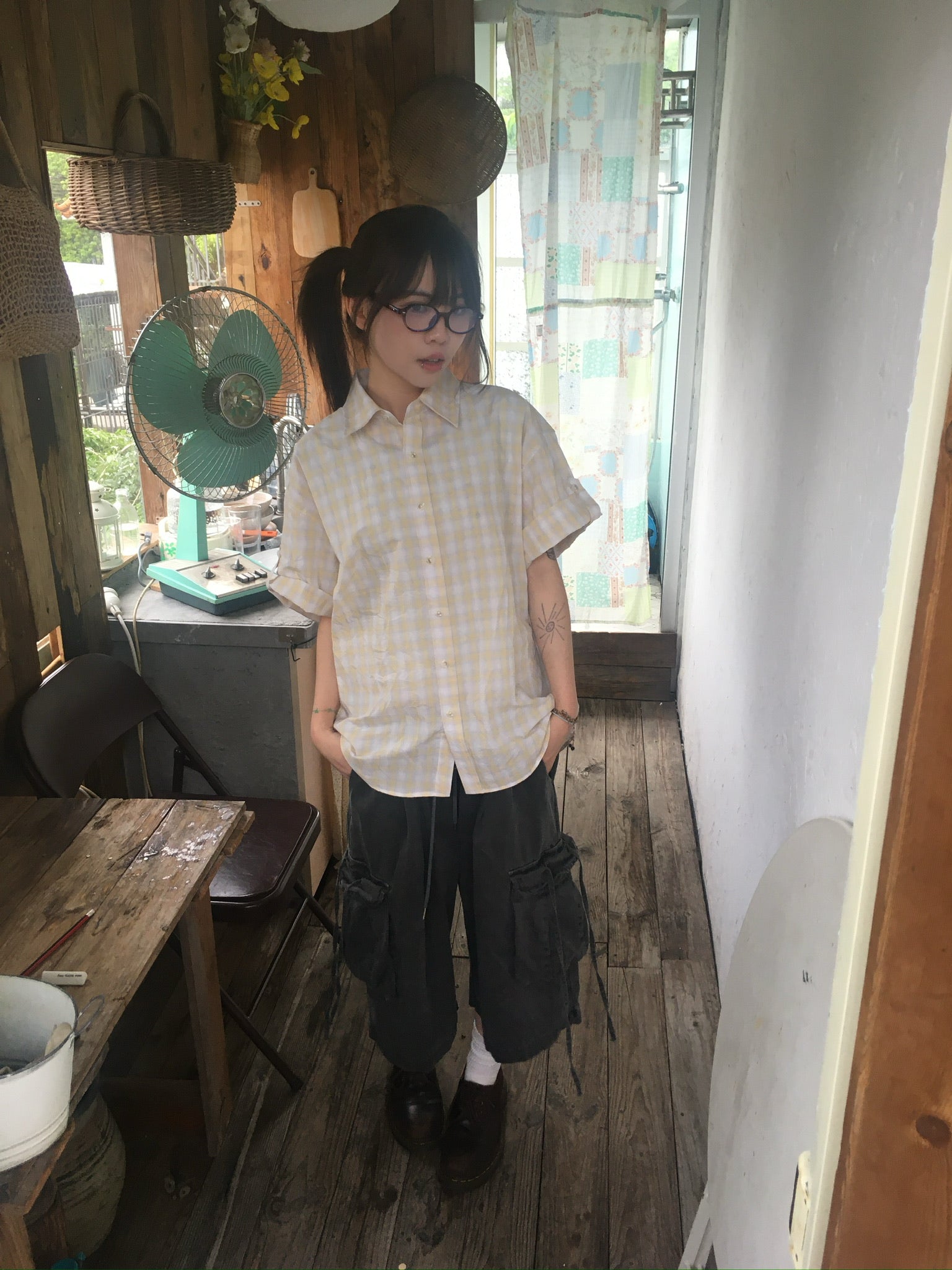 check linen shirt (yellow)