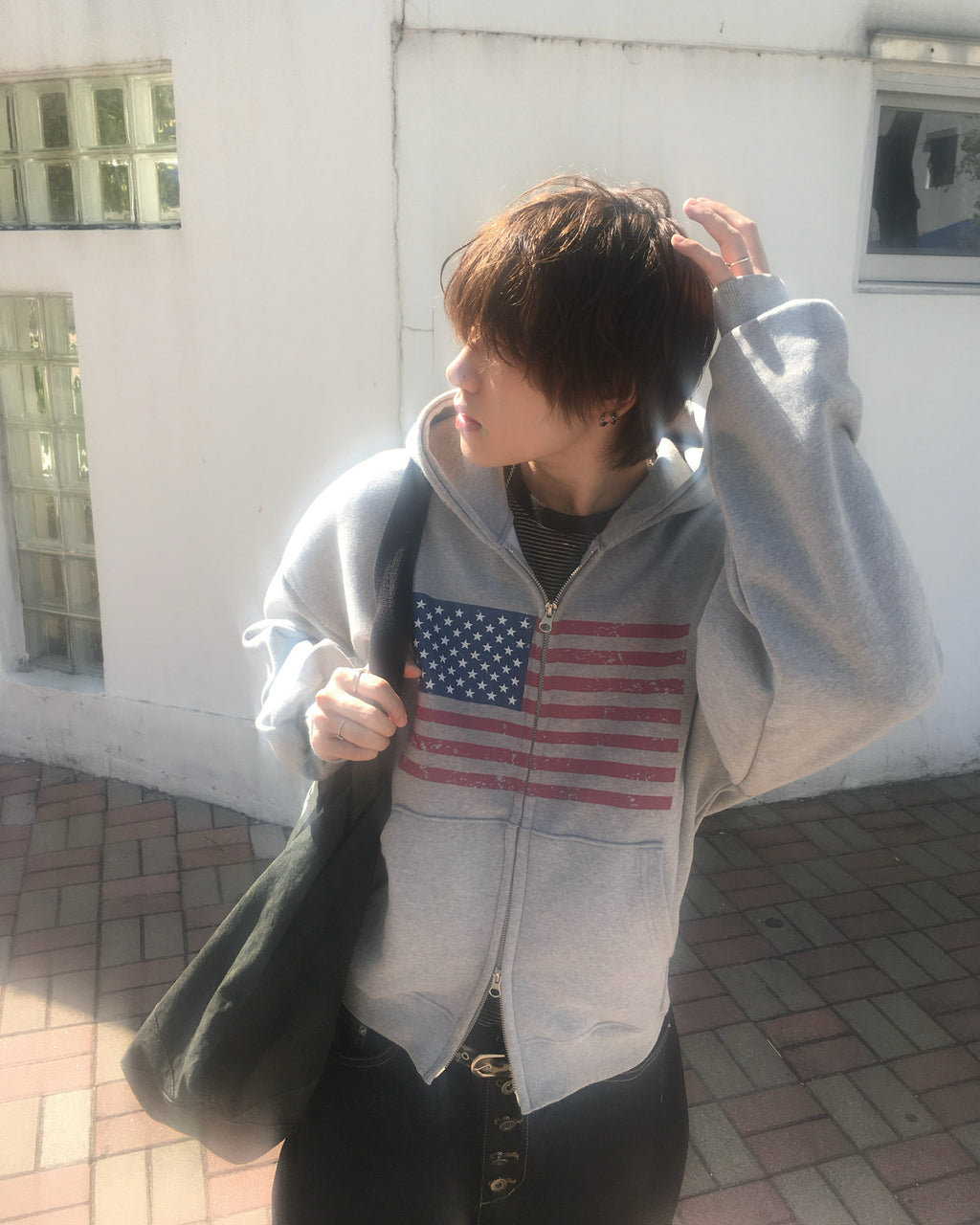 USA crop zip-up hoodie (grey)