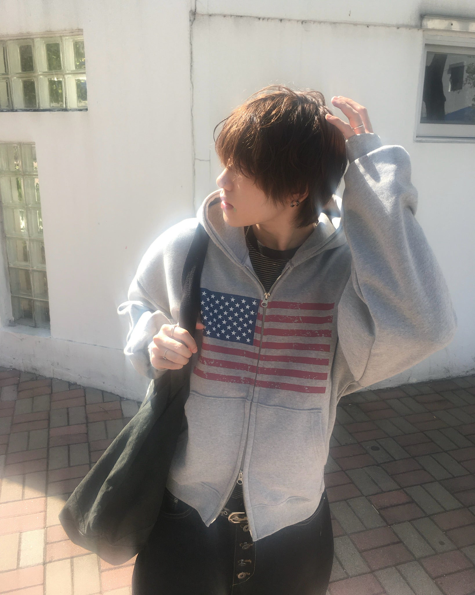 USA crop zip-up hoodie (grey)