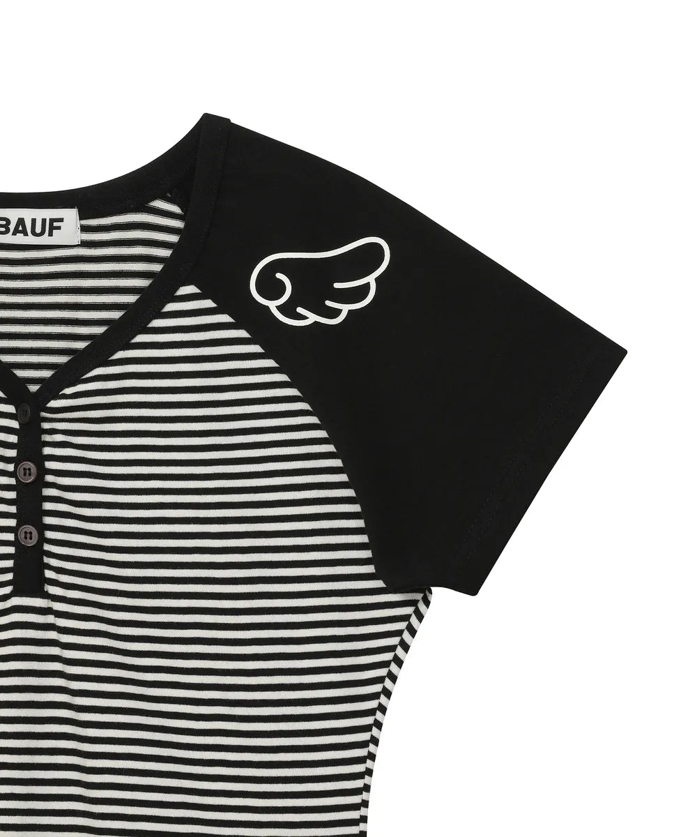 BAUF 3 BUTTON ANGEL SLIM FIT T-SHIRT (STRIPE BLACK)