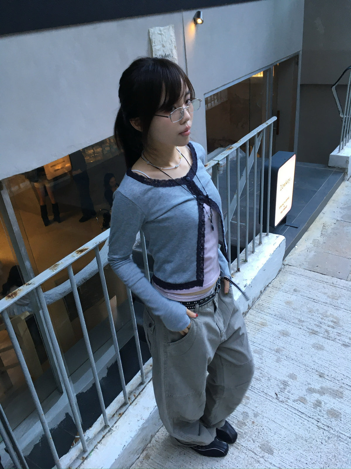 lace trim button cardigan (grey)