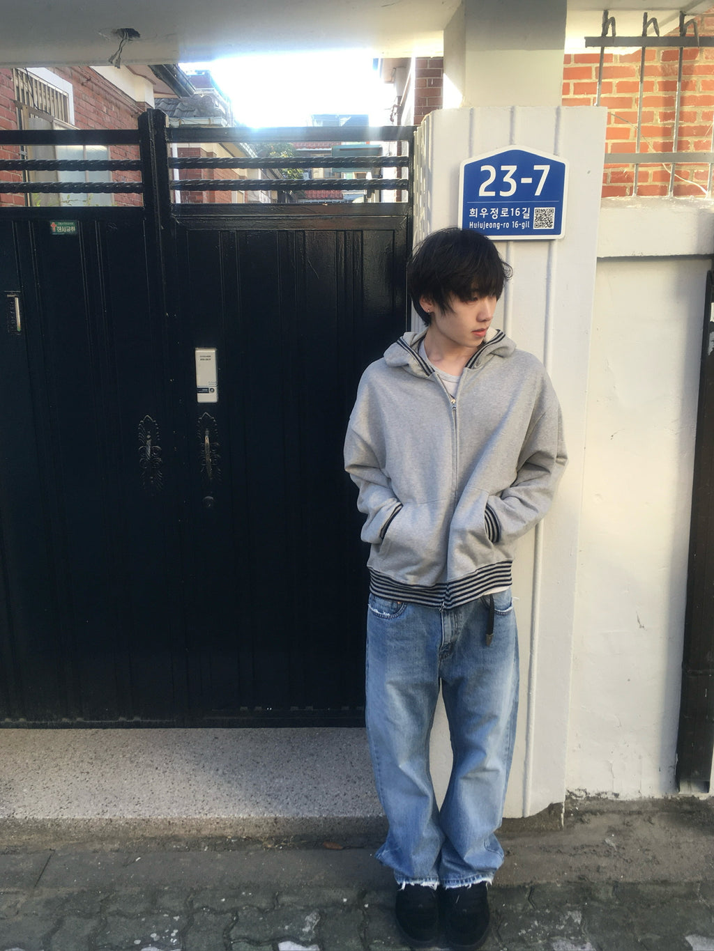 stripe trim hoodie zip up (grey)