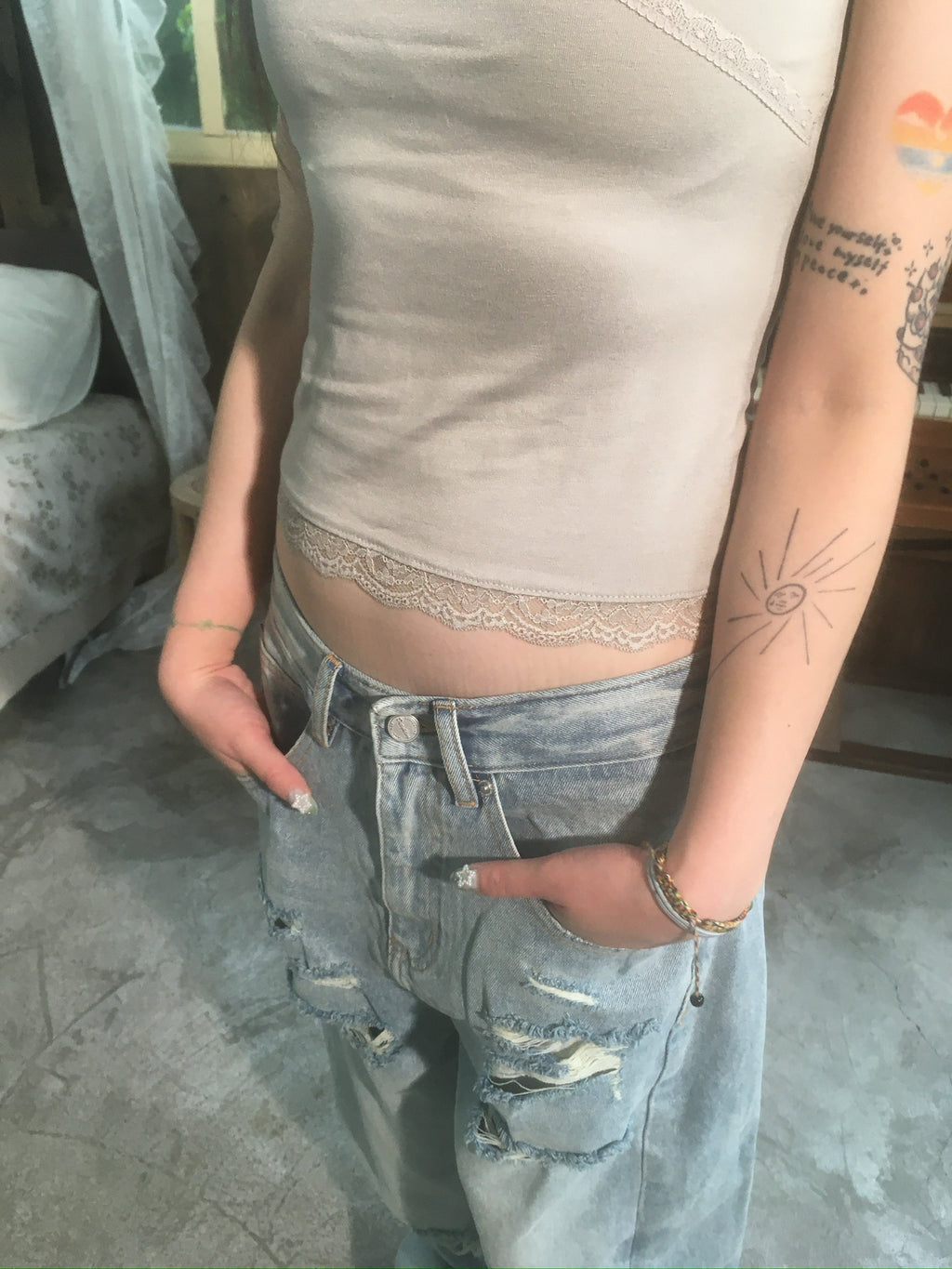 (★BEST) lace trim slim tee (oatmeal)