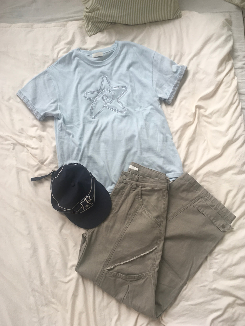 (★BEST) check star roll-up tee (sky blue)