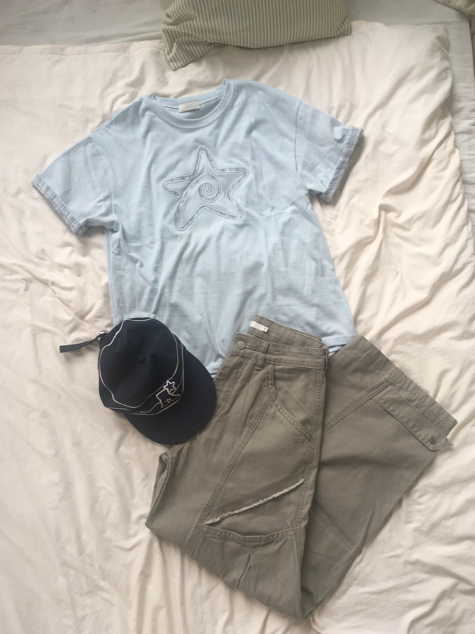 (★BEST) check star roll-up tee (sky blue)