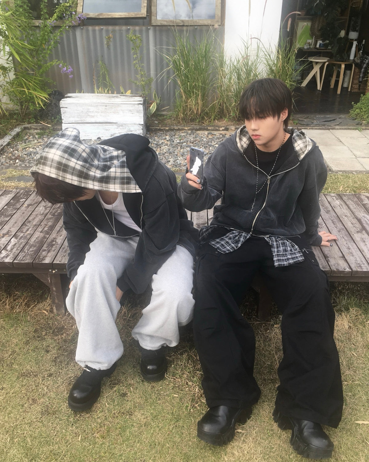 layered check zip-up hoodie